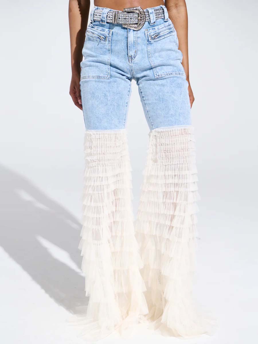 Ruffled Patchwork High Waist Jeans