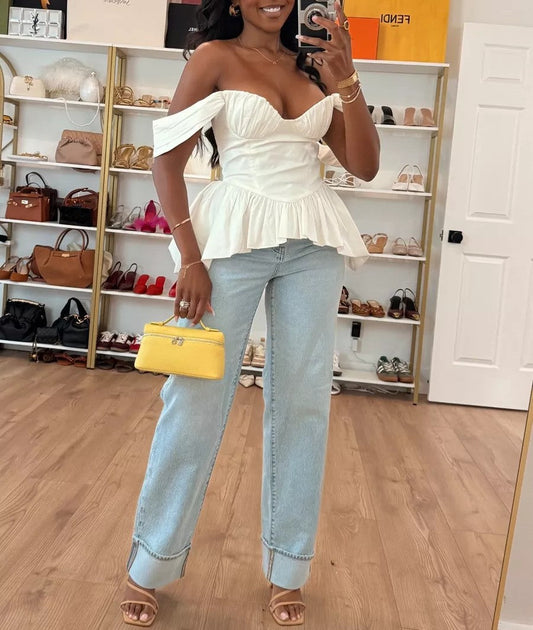 White Off-shoulder Bubble Hem Peplum Cotton Top