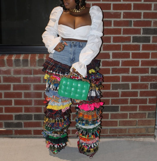 Jeans with unique patchwork fabric