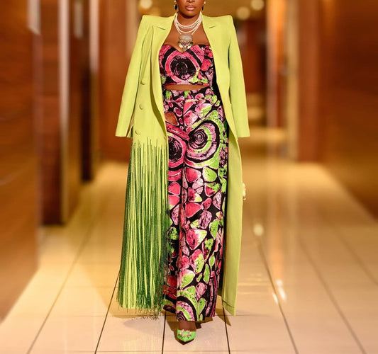 Green suit fringe long coat