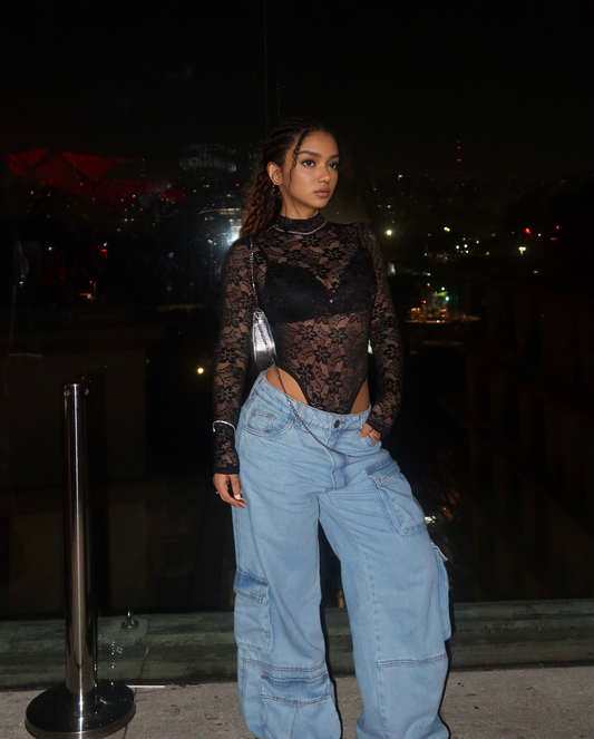 Lace Collar Sheer Long Sleeve Sexy Bodysuit