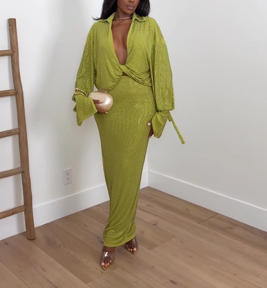 Rhinestone Mesh Loose Top Bodycon Skirt Two-Piece Set