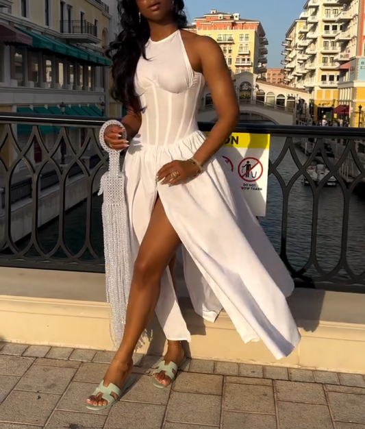 White Sleeveless Slit Bodycon Dress