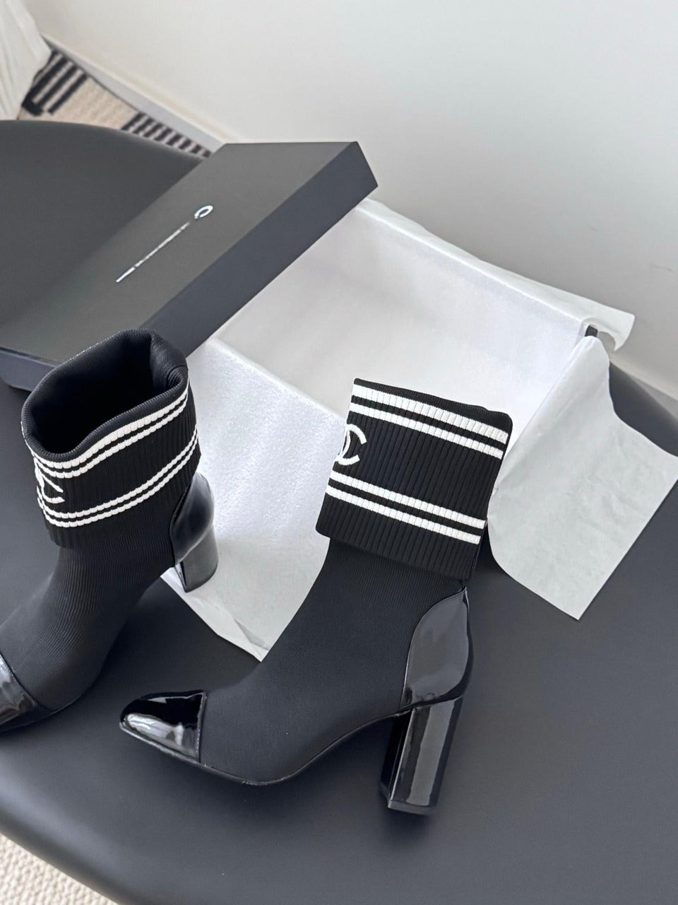 Double-C Patent Leather Knitted Ankle Boots