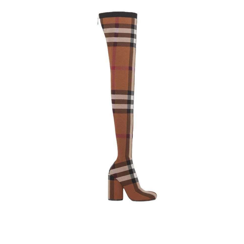 Brown Check Over-The-Knee Boots
