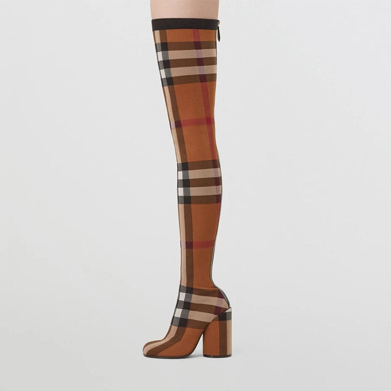 Brown Check Over-The-Knee Boots