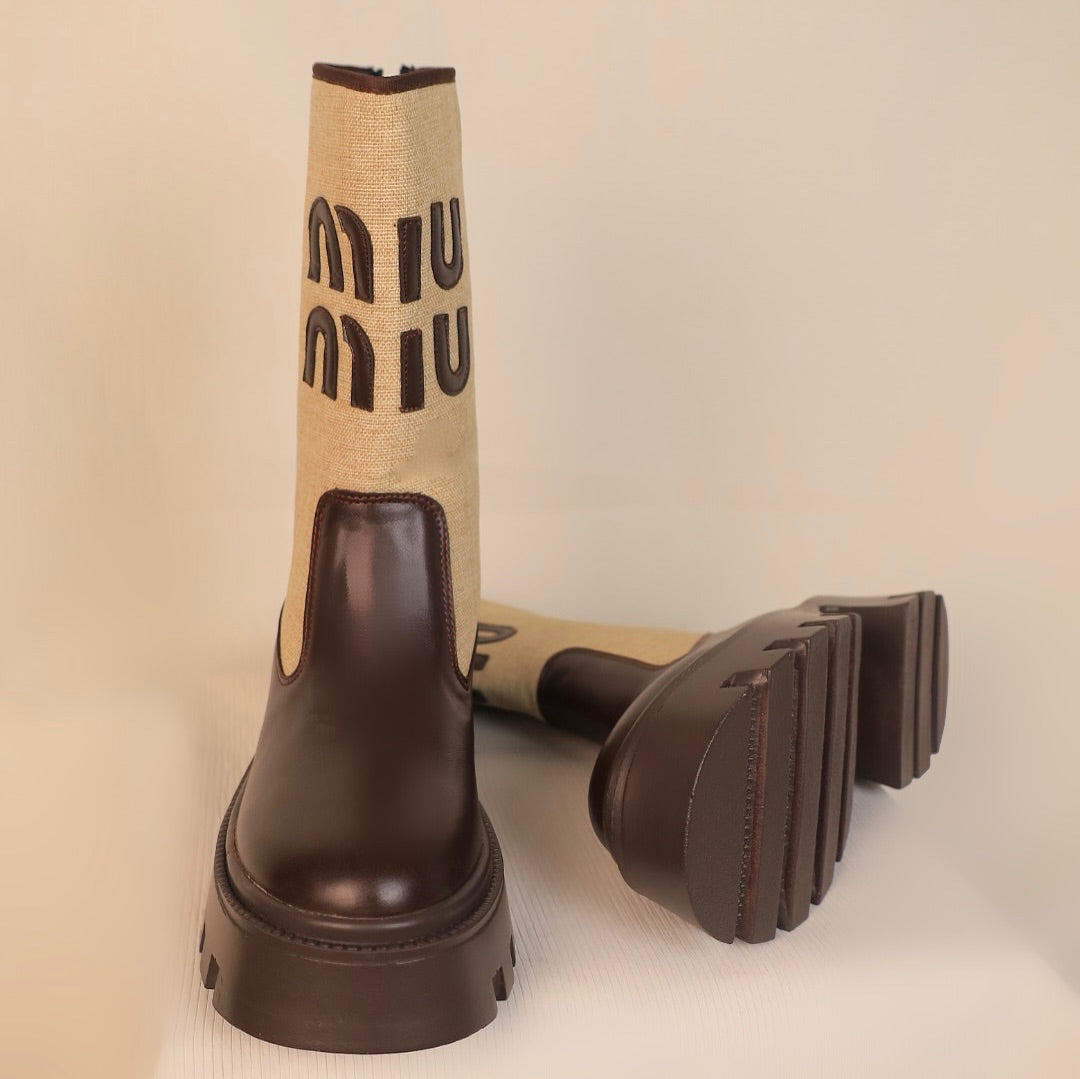 Brown Beige Patchwork Block Heel Boots