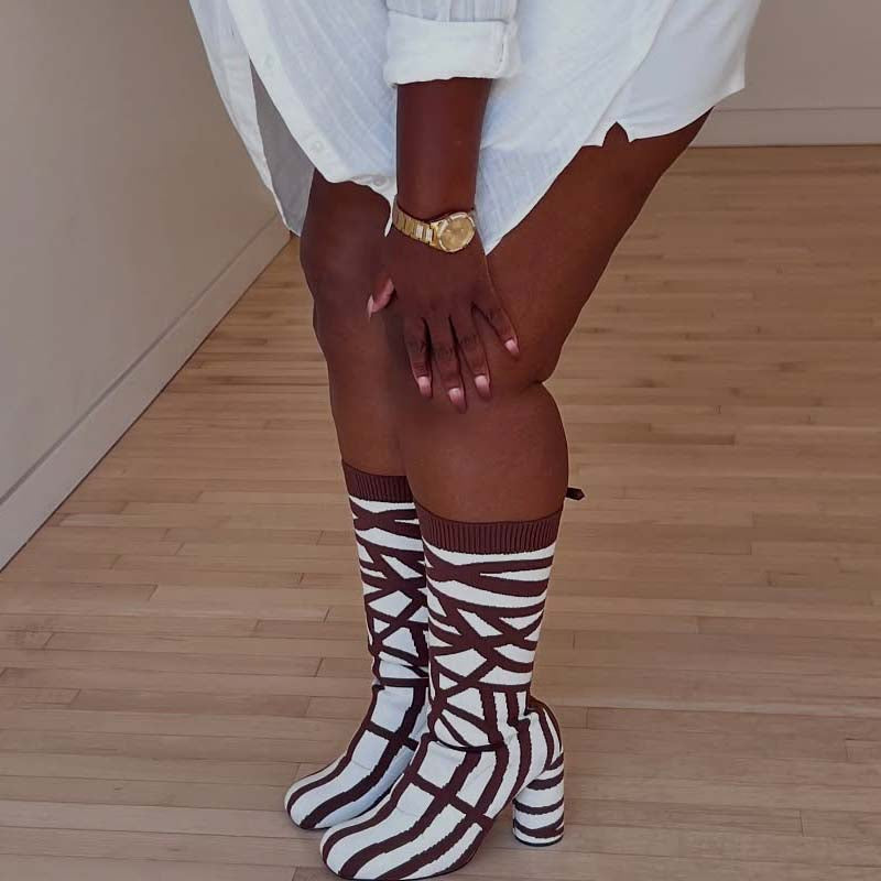 Stretchy Knit Mid Calf Boots