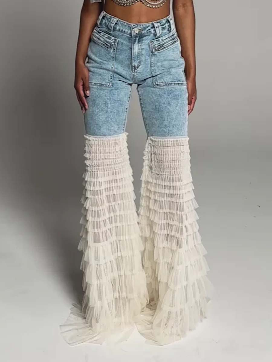 Ruffled Patchwork High Waist Jeans