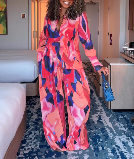 Loose ice silk colored top and pants two-piece set