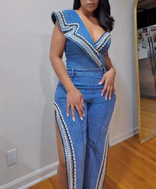 Luxury Denim Asymmetric Pearl Bodysuit + Side Slit Jeans
