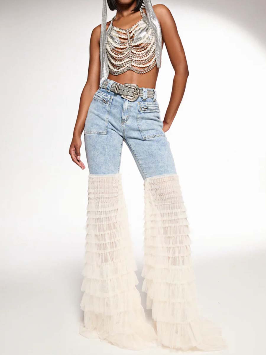 Ruffled Patchwork High Waist Jeans