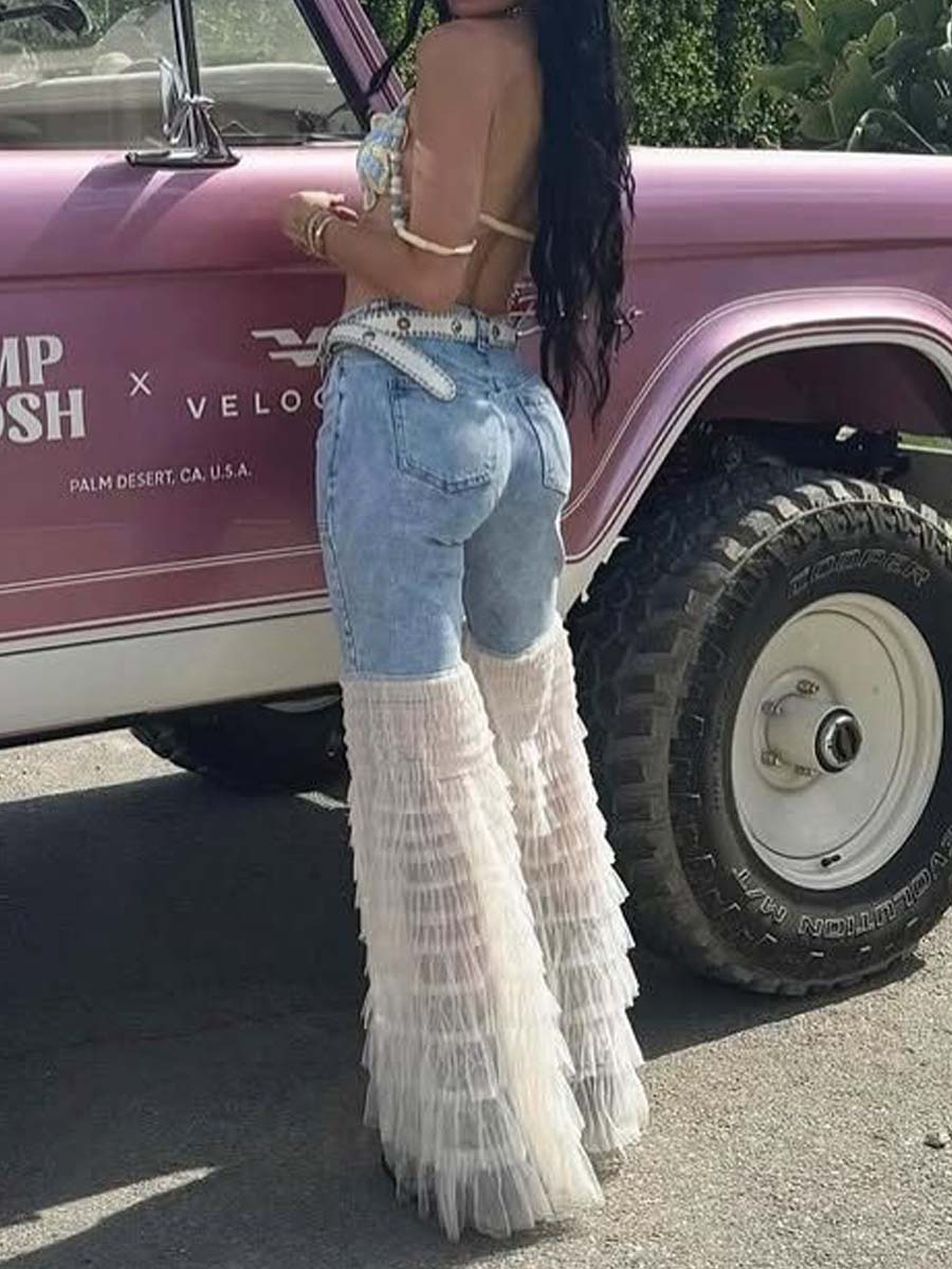 Ruffled Patchwork High Waist Jeans