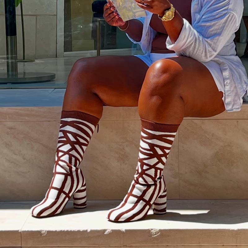 Stretchy Knit Mid Calf Boots