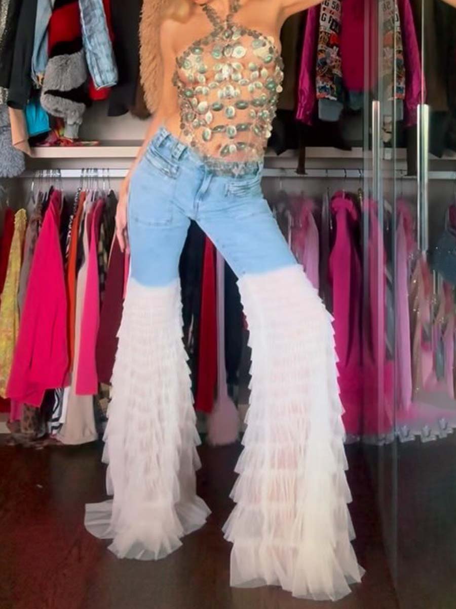 Ruffled Patchwork High Waist Jeans