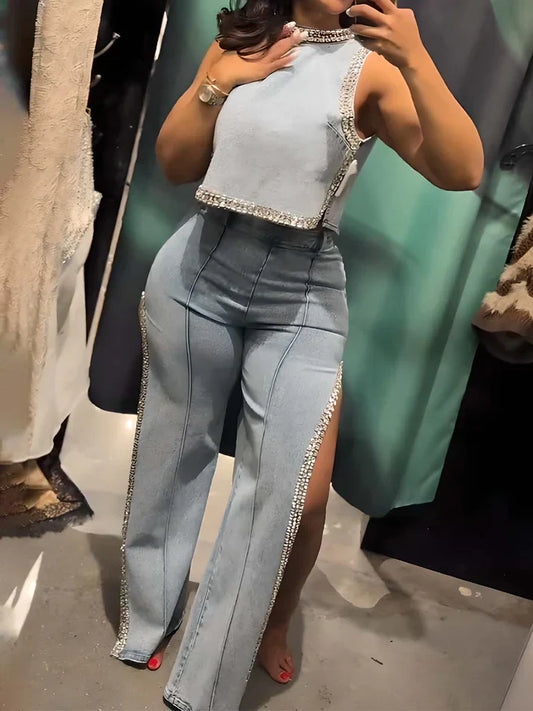 Popping Out Rhinestone Denim Shirt Jeans 2-Piece Set